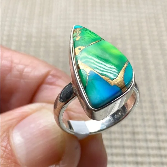 PEACOCK DAHLIA TURQUOISE Size 6 In Solid Sterling Silver 925 - Picture 4 of 7